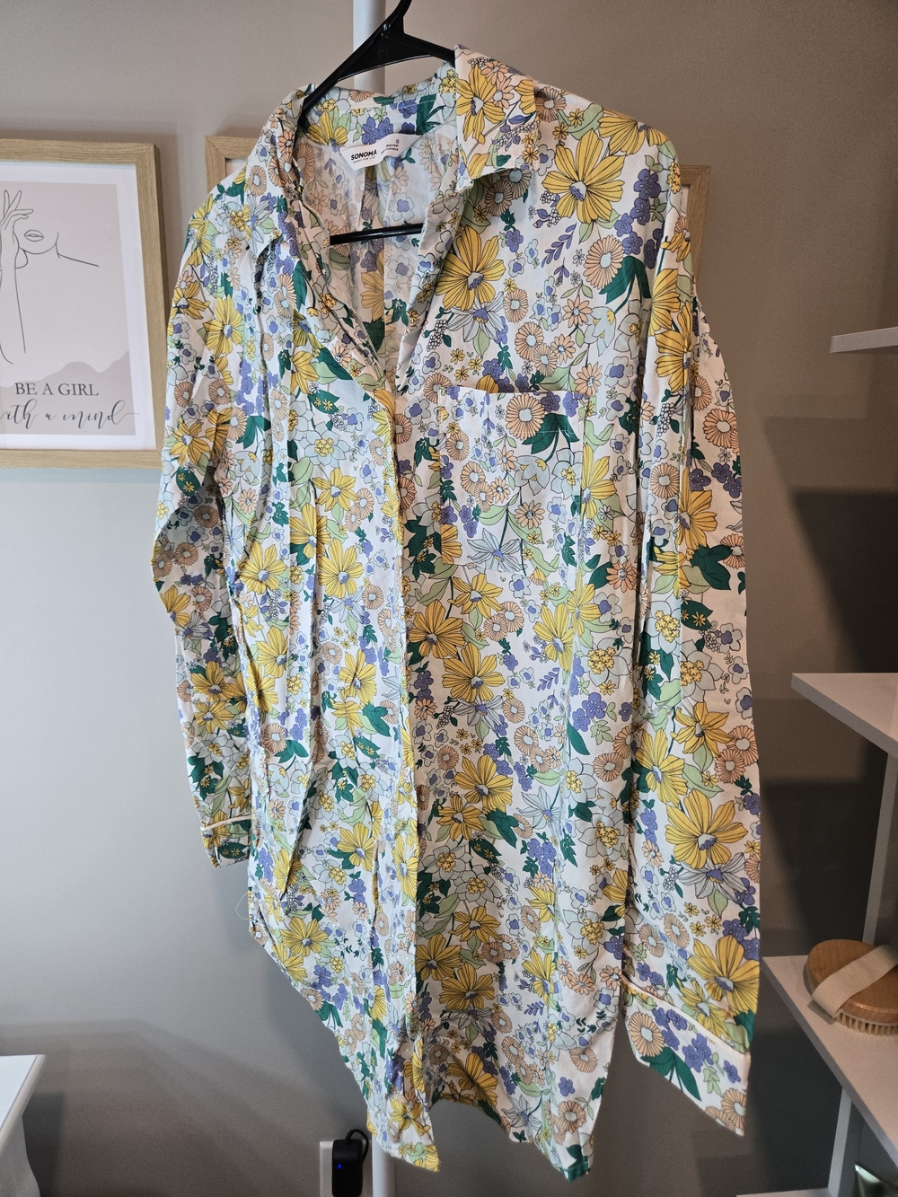 Sonoma Floral Pajama Button-Up in White, Yellow, Green, Purple